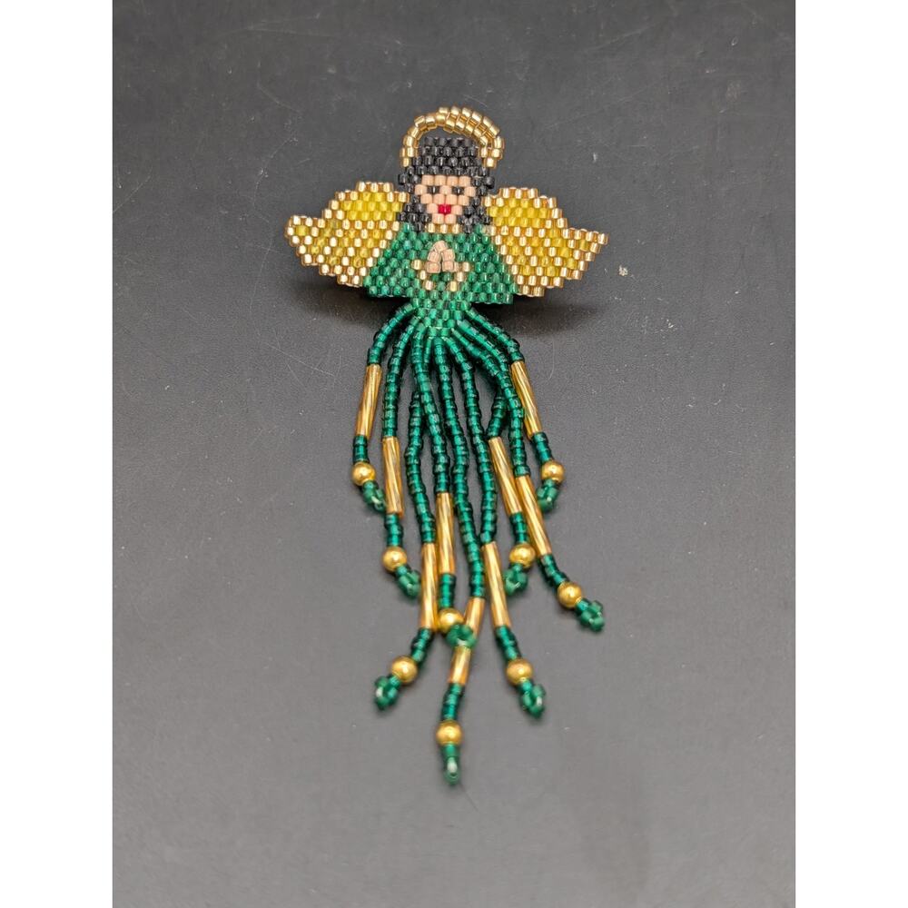 Woven Glass Seed Bead Angel Pin Brick Stitch Fringe Brooch Gold Green Halo